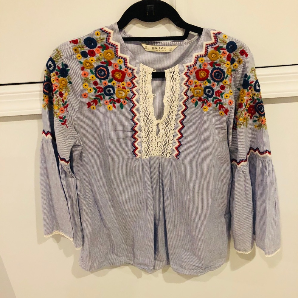 ZARA embroidered pinstripe ballon sleeve top